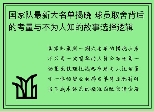 国家队最新大名单揭晓 球员取舍背后的考量与不为人知的故事选择逻辑 国家队最新大名单揭晓 球员取舍背后的考量与不为人知的故事选择逻辑