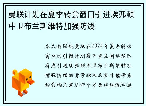 曼联计划在夏季转会窗口引进埃弗顿中卫布兰斯维特加强防线 曼联计划在夏季转会窗口引进埃弗顿中卫布兰斯维特加强防线