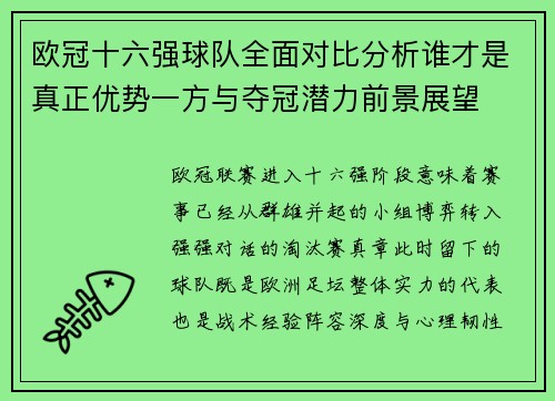 欧冠十六强球队全面对比分析谁才是真正优势一方与夺冠潜力前景展望